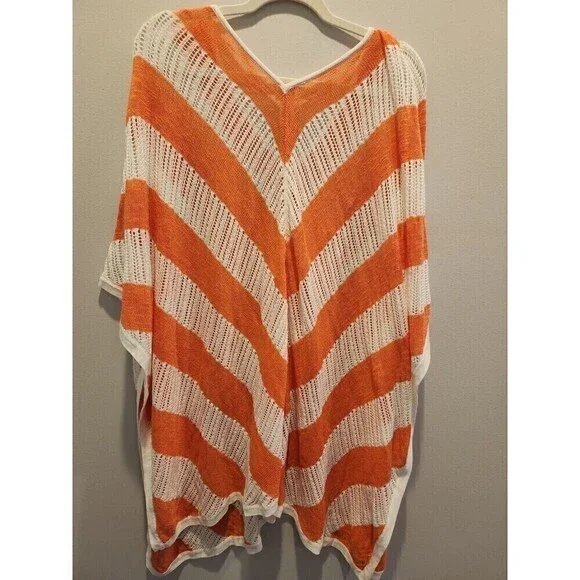 Chico's Womens Poncho One Size Coral & White Striped, V Neck Perfect For Fall - Picture 4 of 7